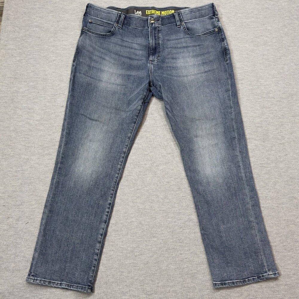 Lee Performance Mens Blue Denim Jeans Extreme Motion Straight Tapered Leg 40X30